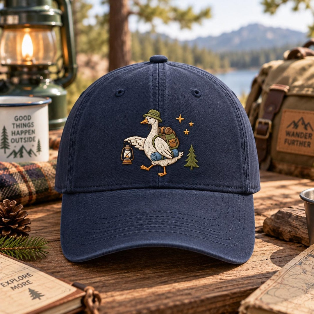 Hiking Goose Camping Adventure Lantern Backpack Stars Pine Tree Embroidered Hat — Washed Hat