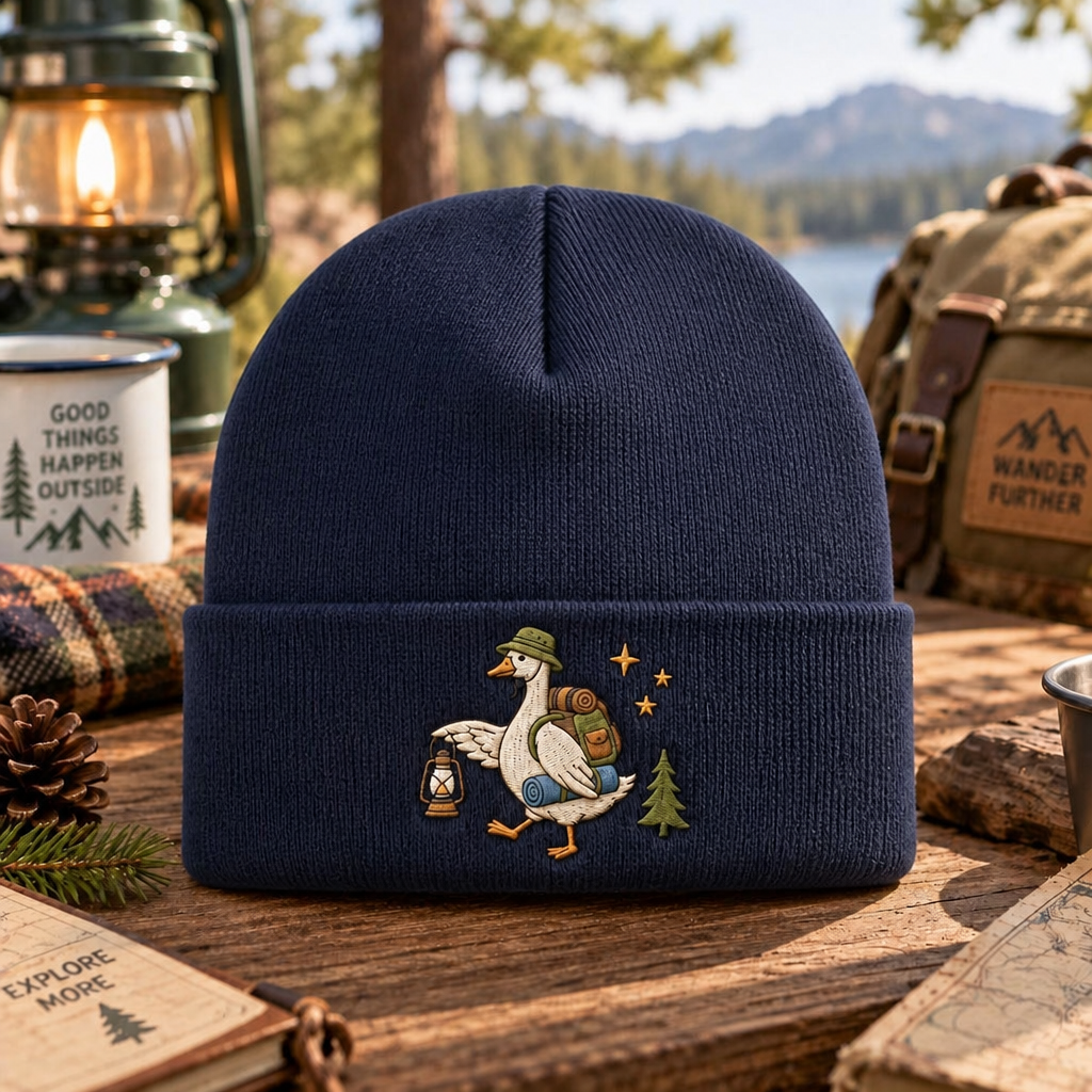 Hiking Goose Camping Adventure Lantern Backpack Stars Pine Tree Embroidered Beanie