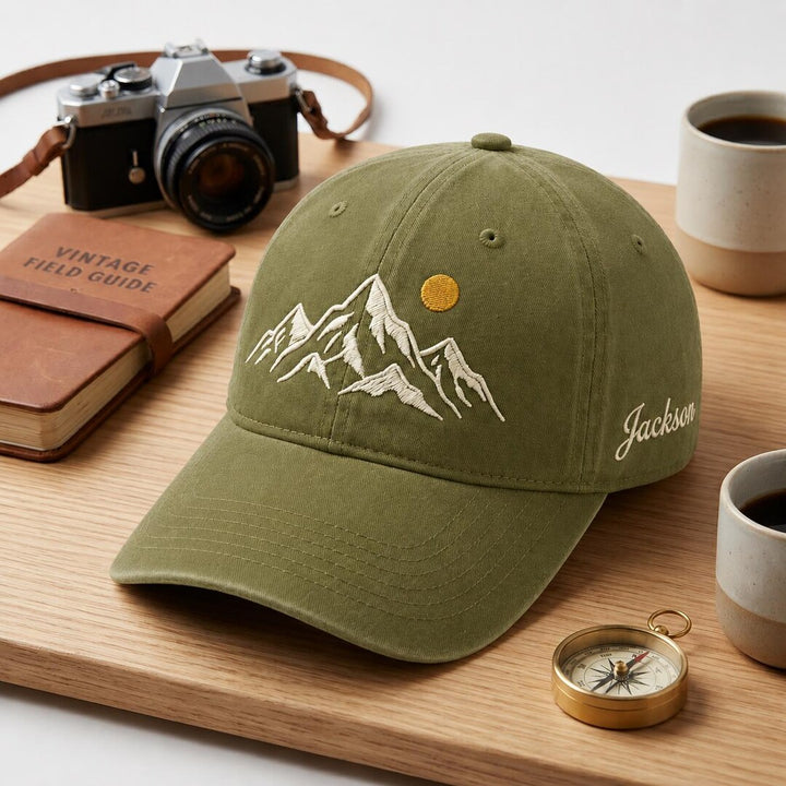 Personalized Mountain Range Sun Outdoor Adventure Embroidered Hat — Baseball Cap