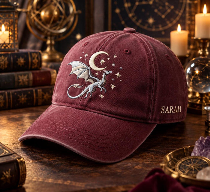 Personalized Dragon Crescent Moon Stars Celestial Fantasy Washed Hat Custom Name Embroidered Hat