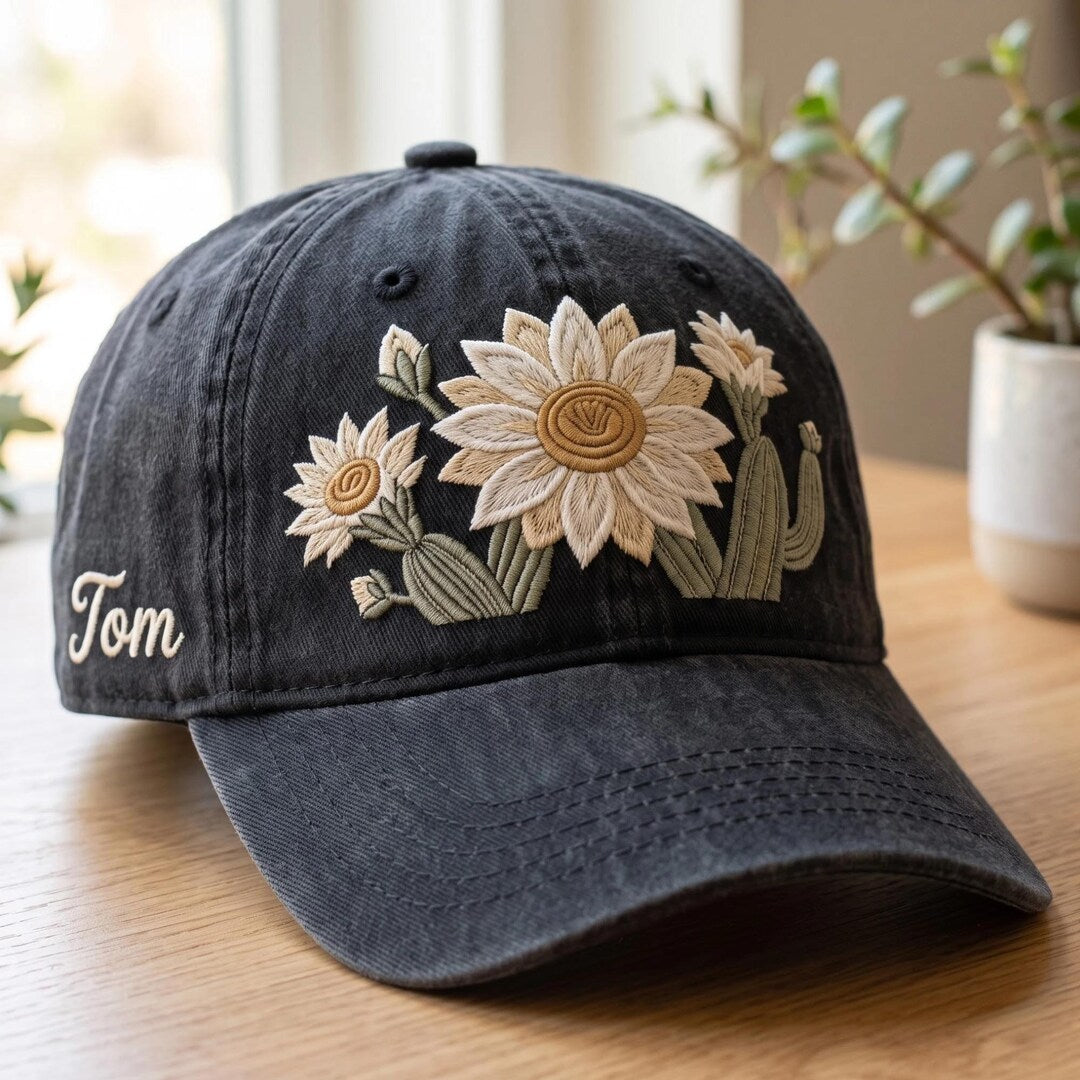 Personalized Sunflower Cactus Boho Floral Custom Name Embroidered Hat — Washed Hat