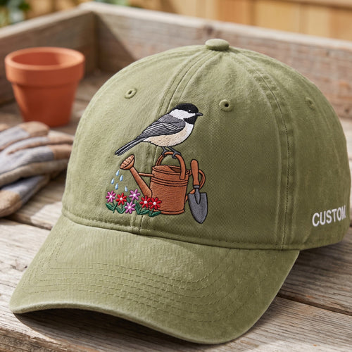 Personalized Chickadee Gardening Watering Can Flowers Embroidered Hat — Baseball Cap