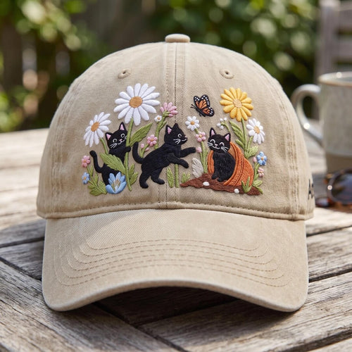 Black Cat Trio Floral Garden Daisy Butterfly Embroidered Hat — Washed Hat