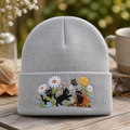 Black Cat Trio Floral Garden Daisy Butterfly Embroidered Beanie