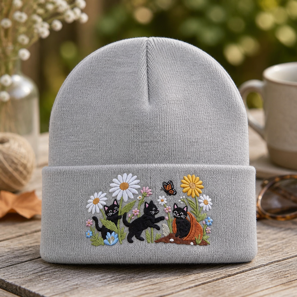 Black Cat Trio Floral Garden Daisy Butterfly Embroidered Beanie