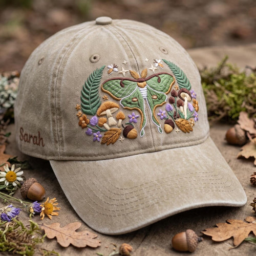 Personalized Luna Moth Mushroom Fern Botanical Woodland Custom Name Embroidered Hat — Washed Hat