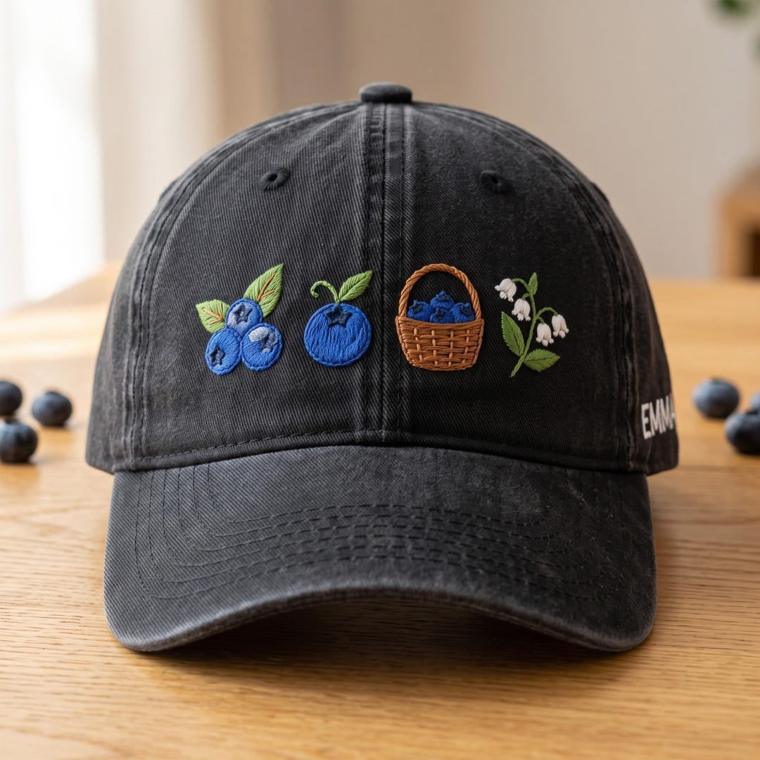Personalized Blueberry Basket Lily Of The Valley Custom Name Embroidered Hat — Washed Hat