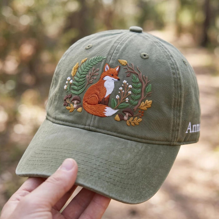 Personalized Woodland Fox Autumn Botanicals Mushroom Acorn Wreath Custom Name Embroidered Hat