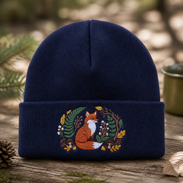 Personalized Woodland Fox Autumn Botanicals Mushroom Acorn Wreath Custom Name Embroidered Beanie