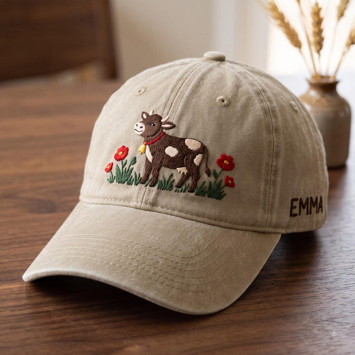 Personalized Cute Cow Red Poppies Grass Farm Animal Custom Name Embroidered Hat
