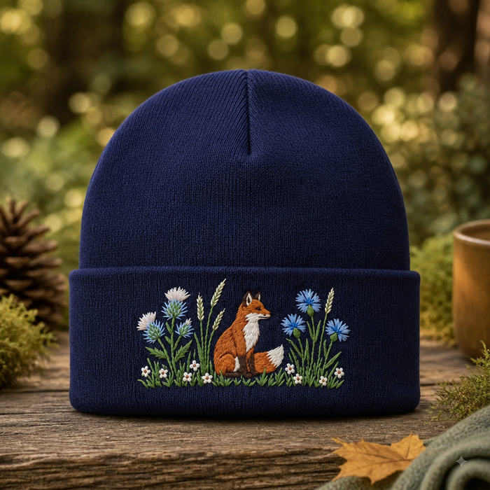 Fox Wildflower Meadow Cornflower Botanical Embroidered Beanie