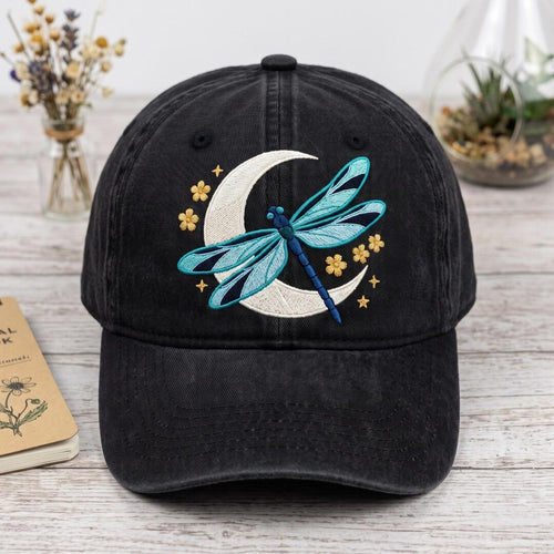 Personalized Dragonfly Crescent Moon Floral Stars Celestial Custom Name Embroidered Hat — Washed Hat