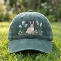 Wildflower Meadow Rabbit Bunny Wheat Stalks Wildflowers Embroidered Hat — Washed Hat