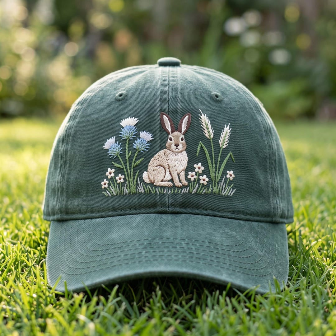 Wildflower Meadow Rabbit Bunny Wheat Stalks Wildflowers Embroidered Hat — Washed Hat