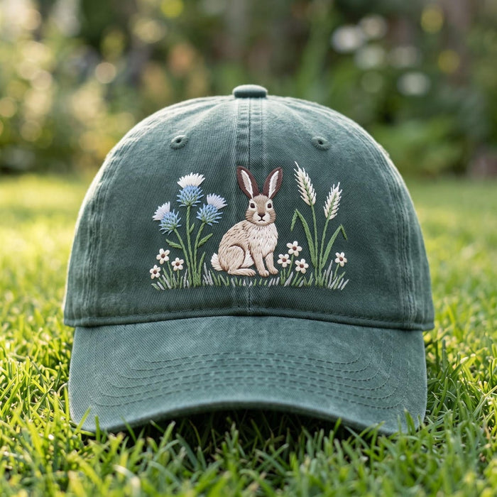 Wildflower Meadow Rabbit Bunny Wheat Stalks Wildflowers Embroidered Hat