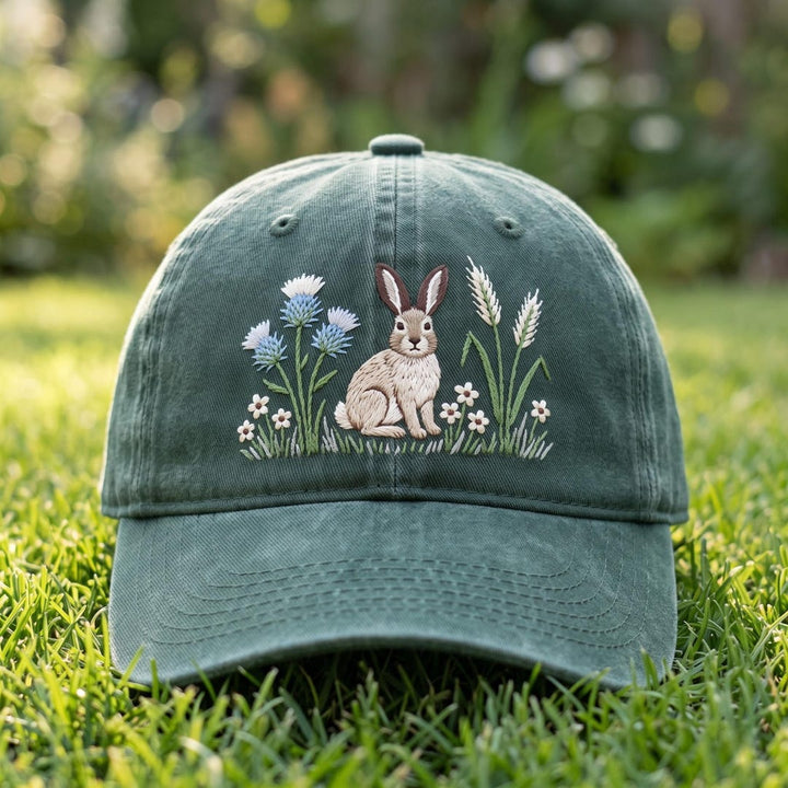 Wildflower Meadow Rabbit Bunny Wheat Stalks Wildflowers Embroidered Hat — Washed Hat