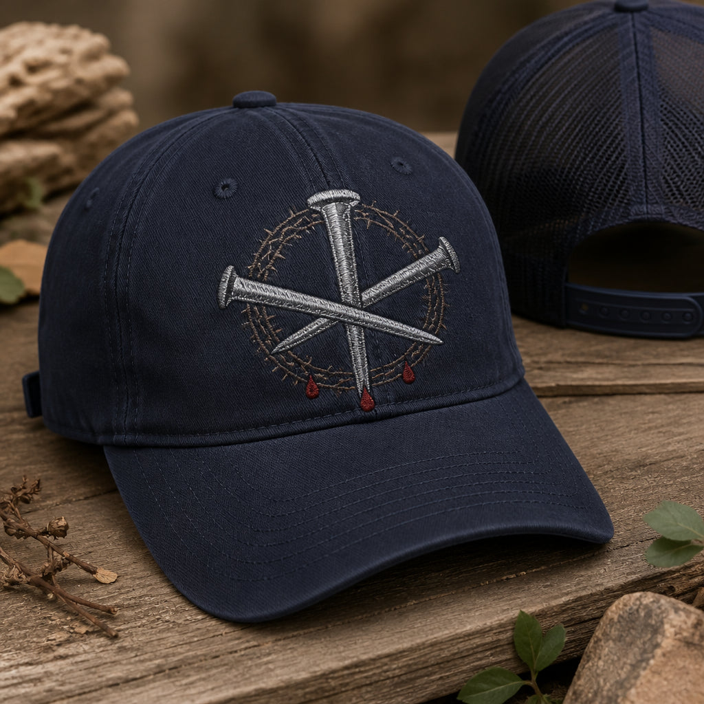 Three Nails Cross Faith Scene Trucker Embroidered Hat — Washed Hat