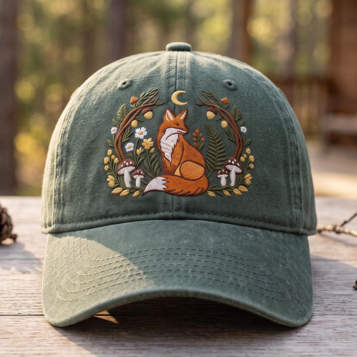Woodland Fox Mushroom Floral Wreath Crescent Moon Cottagecore Embroidered Hat