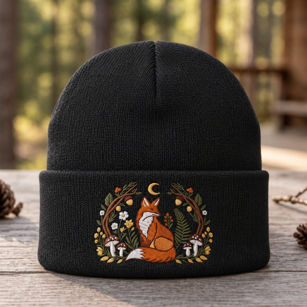 Woodland Fox Mushroom Floral Wreath Crescent Moon Cottagecore Embroidered Beanie
