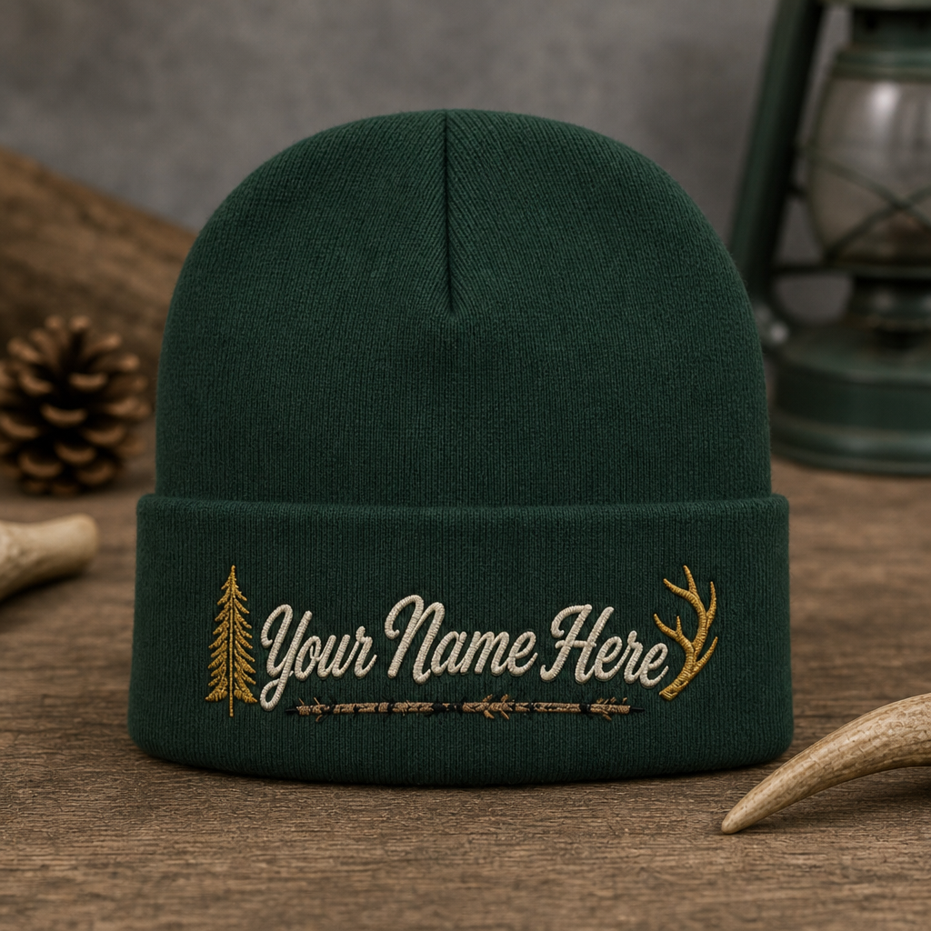 Personalized Bold Script Name Outdoor Camo Embroidered Beanie