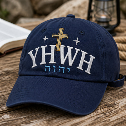 YHWH Hebrew Sacred Name Bold Cross Faith Embroidered Hat — Washed Hat