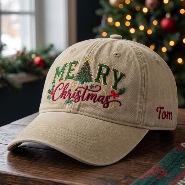 Personalized Merry Christmas Tree Script Custom Name Embroidered Hat — Washed Hat