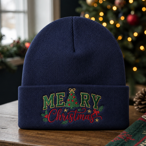 Personalized Merry Christmas Tree Script Custom Name Embroidered Beanie