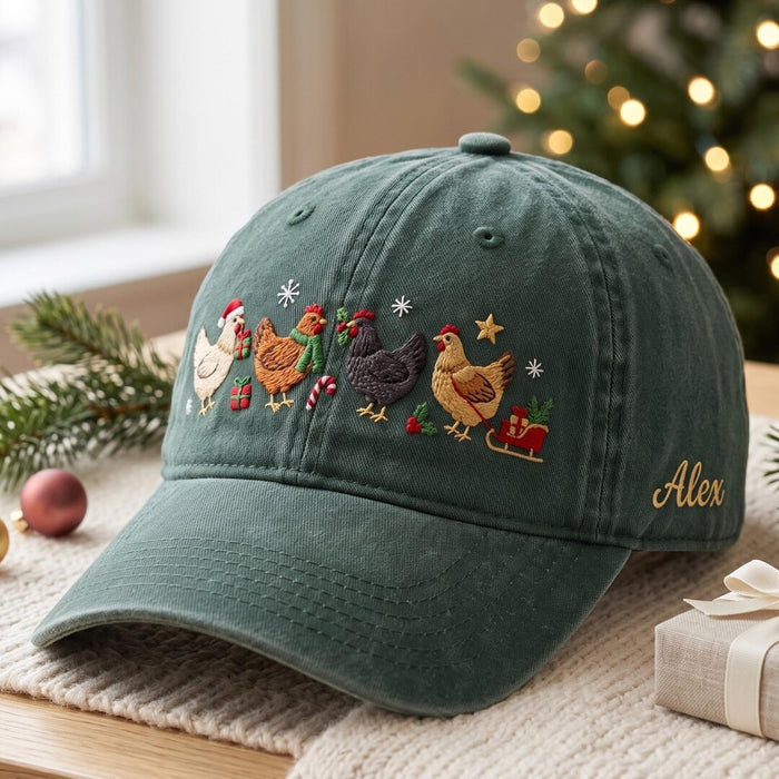 Personalized Christmas Chickens Festive Farmhouse Santa Hat Candy Cane Sleigh Custom Name Embroidered Hat