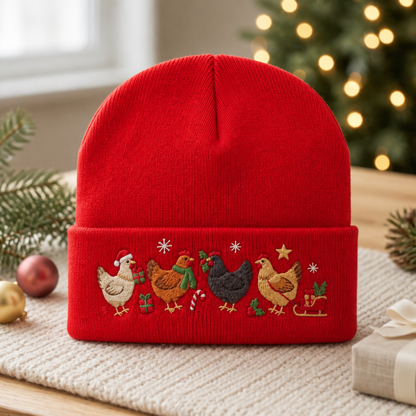 Personalized Christmas Chickens Festive Farmhouse Santa Hat Candy Cane Sleigh Custom Name Embroidered Beanie