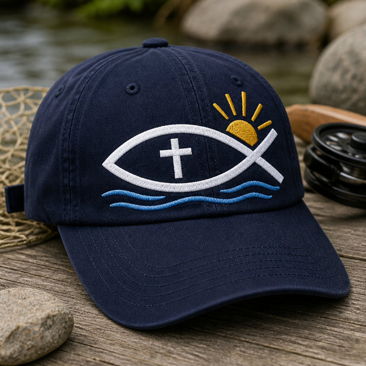 Christian Fish Cross Faith Trucker Embroidered Hat — Washed Hat