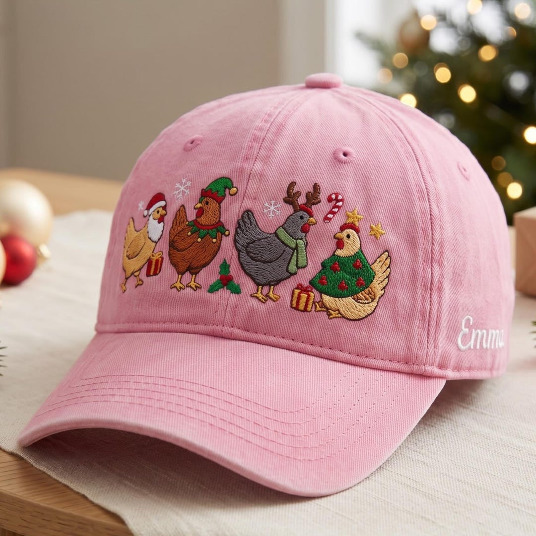 Personalized Christmas Chickens Santa Elf Reindeer Ugly Sweater Embroidered Hat — Washed Hat