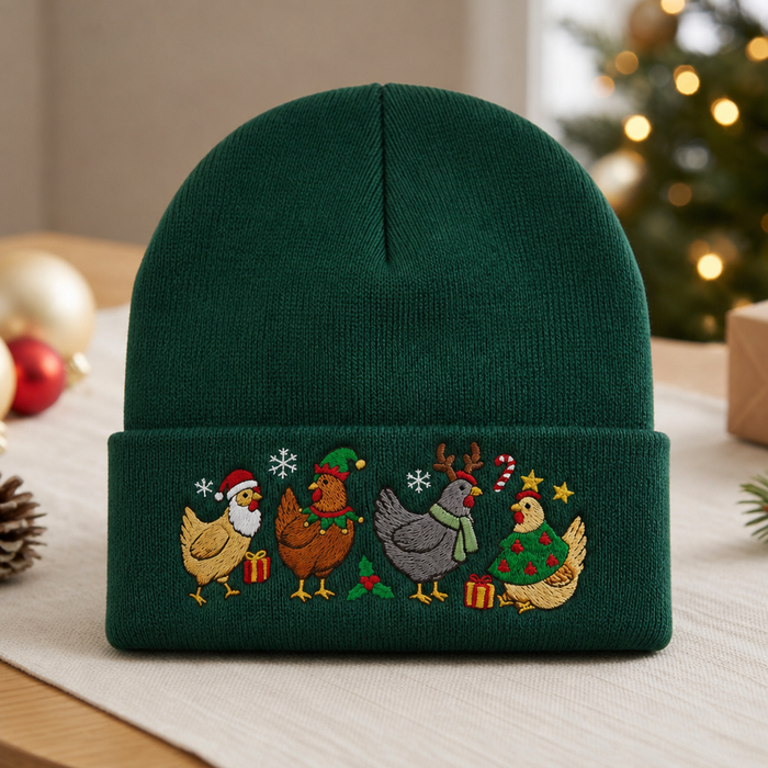 Personalized Christmas Chickens Santa Elf Reindeer Ugly Sweater Embroidered Beanie