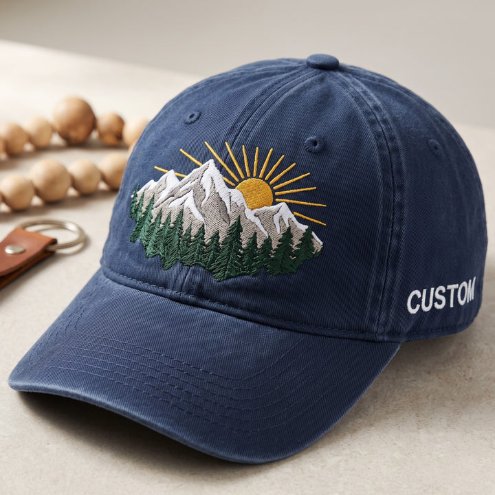 Personalized Mountain Sunrise Pine Trees Scenic Embroidered Hat — Washed Hat