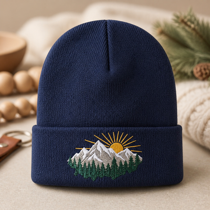 Personalized Mountain Sunrise Pine Trees Scenic Embroidered Beanie