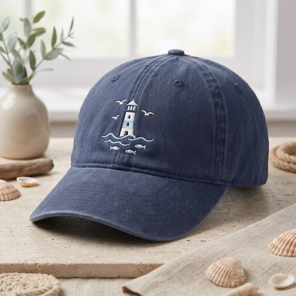 Lighthouse Seagulls Fish Waves Nautical Coastal Embroidered Hat — Washed Hat