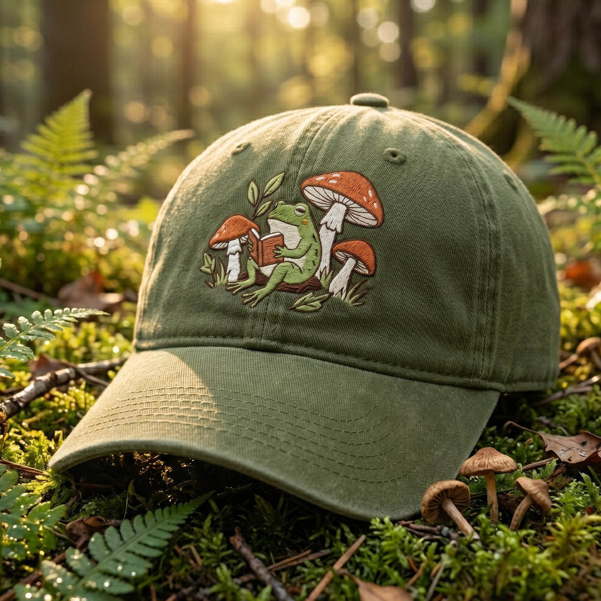 Frog Reading Book Mushroom Forest Cottagecore Embroidered Hat — Washed Hat