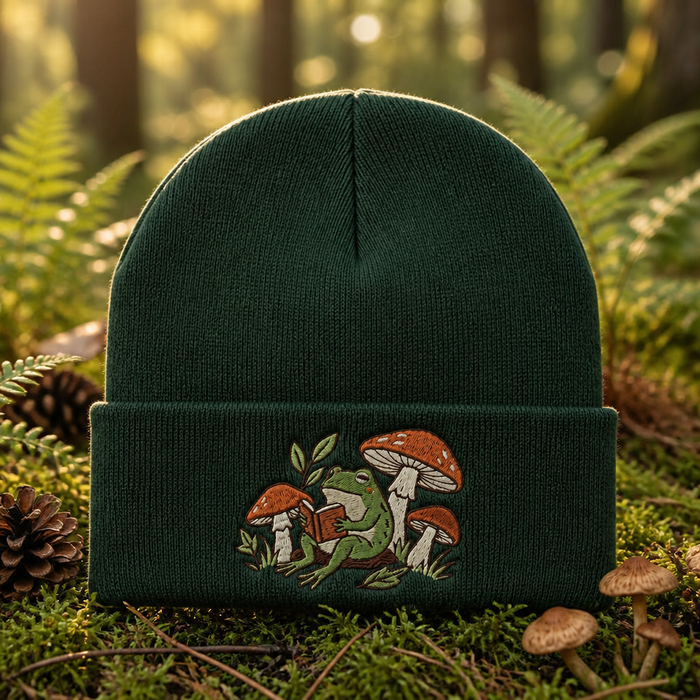 Frog Reading Book Mushroom Forest Cottagecore Embroidered Beanie