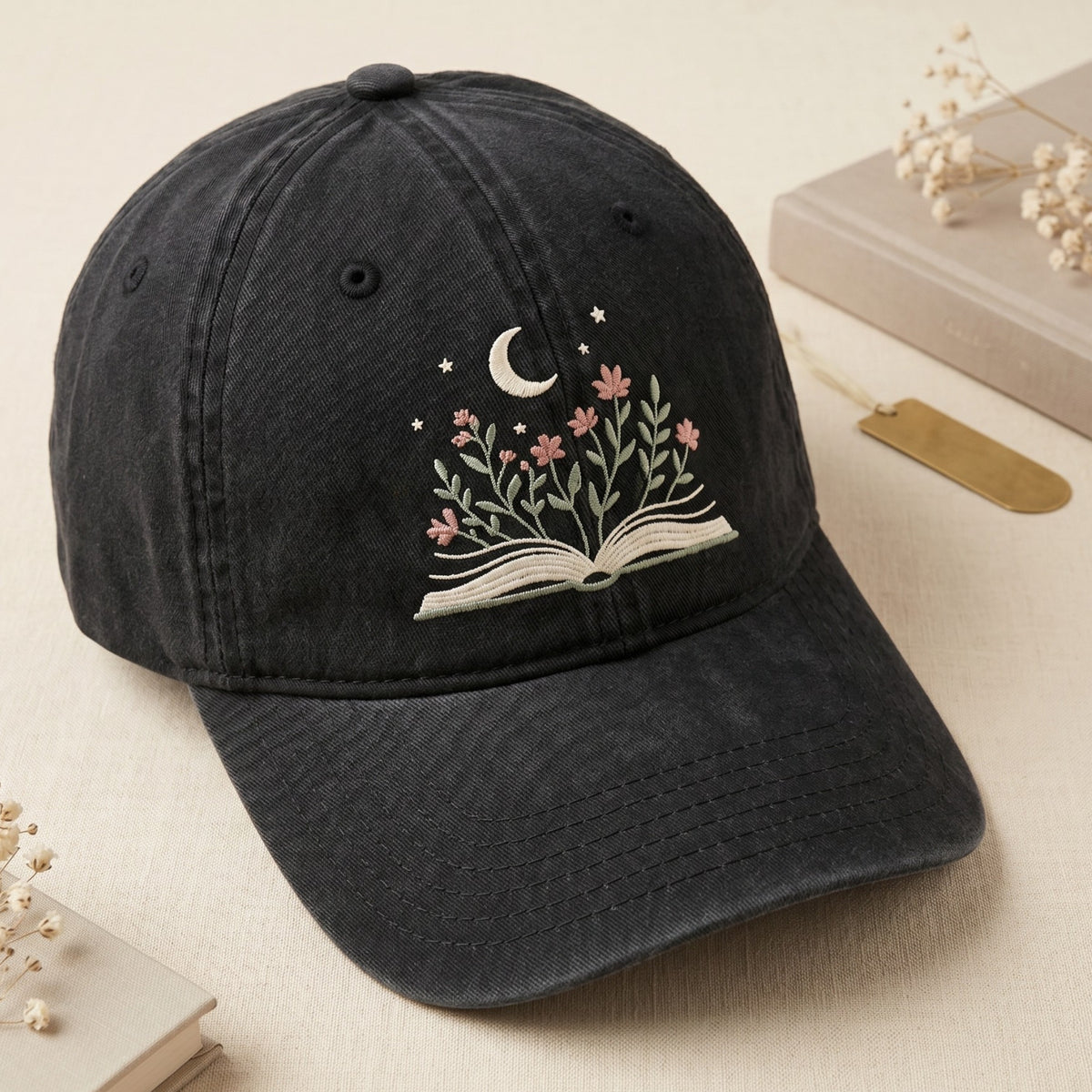 Book Lover Wildflower Moon Crescent Floral Open Book Embroidered Hat — Washed Hat