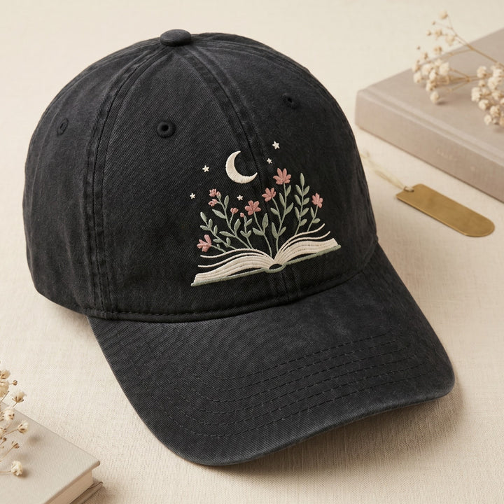 Book Lover Wildflower Moon Crescent Floral Open Book Embroidered Hat — Washed Hat