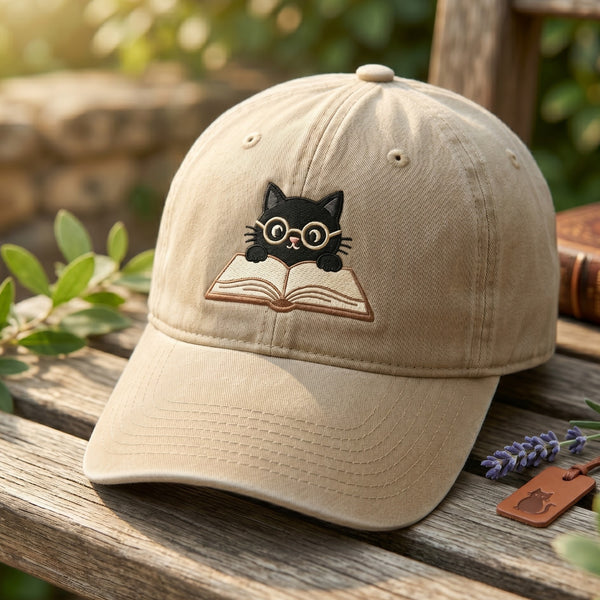 Black Cat Reading Book Round Glasses Book Lover Embroidered Hat — Baseball Cap