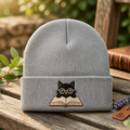 Black Cat Reading Book Round Glasses Book Lover Embroidered Beanie