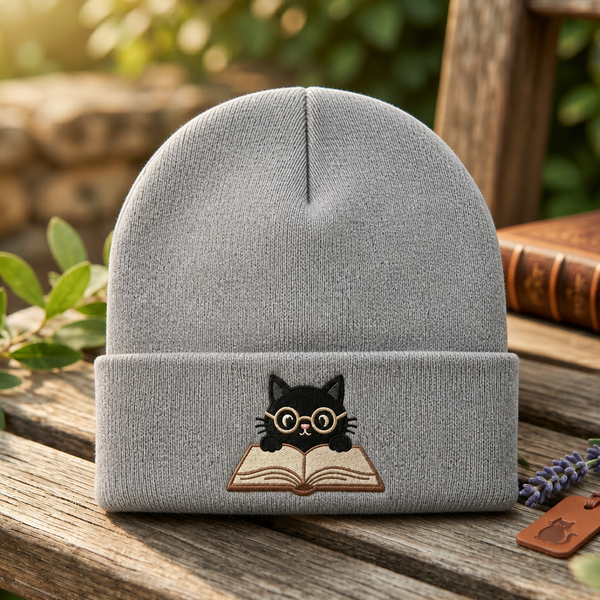 Black Cat Reading Book Round Glasses Book Lover Embroidered Beanie
