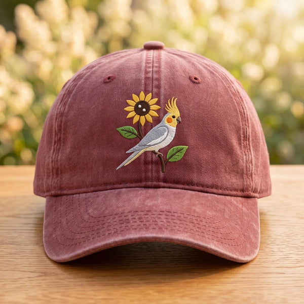 Personalized Cockatiel Sunflower Green Leaves Bird Embroidered Hat — Washed Hat