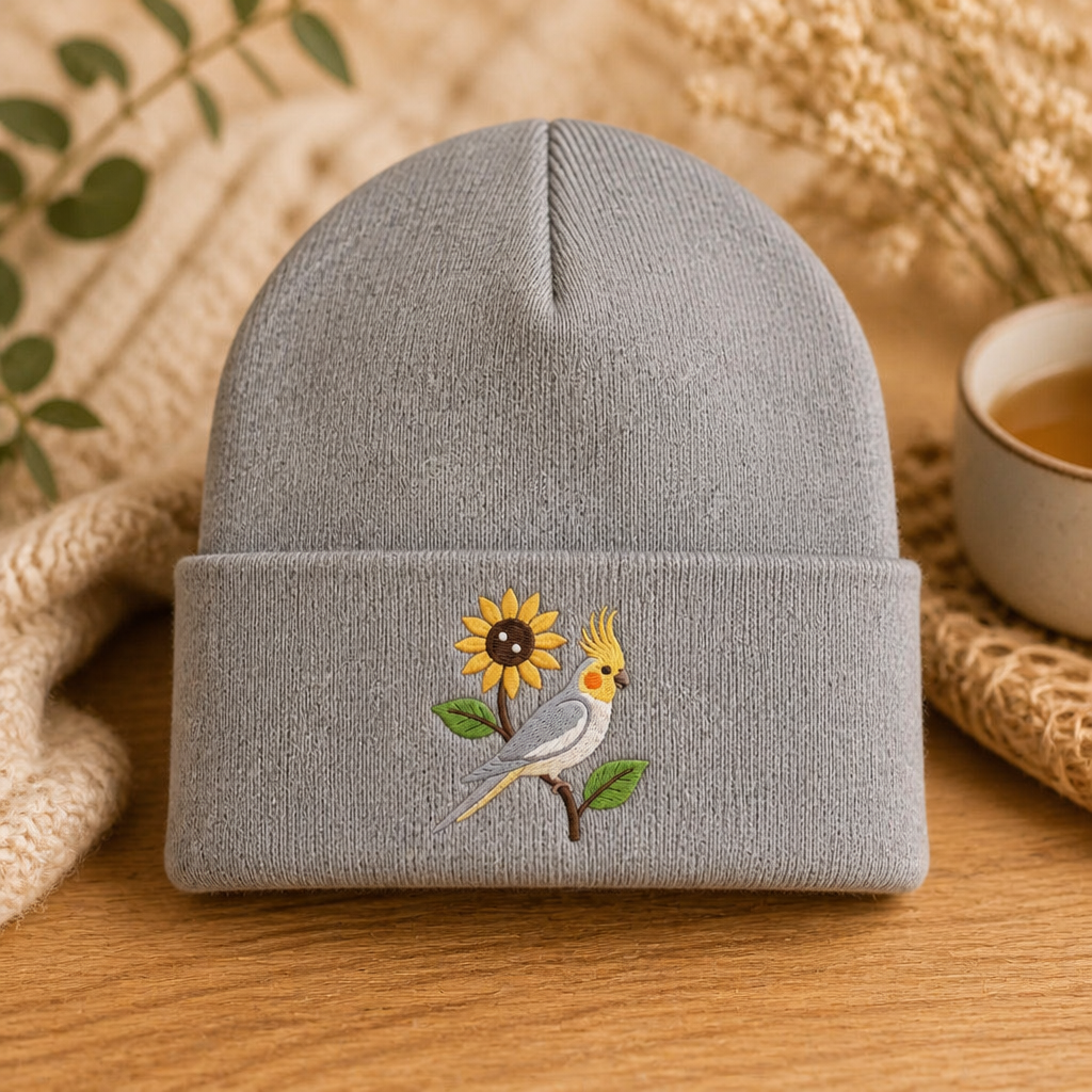 Personalized Cockatiel Sunflower Green Leaves Bird Embroidered Beanie