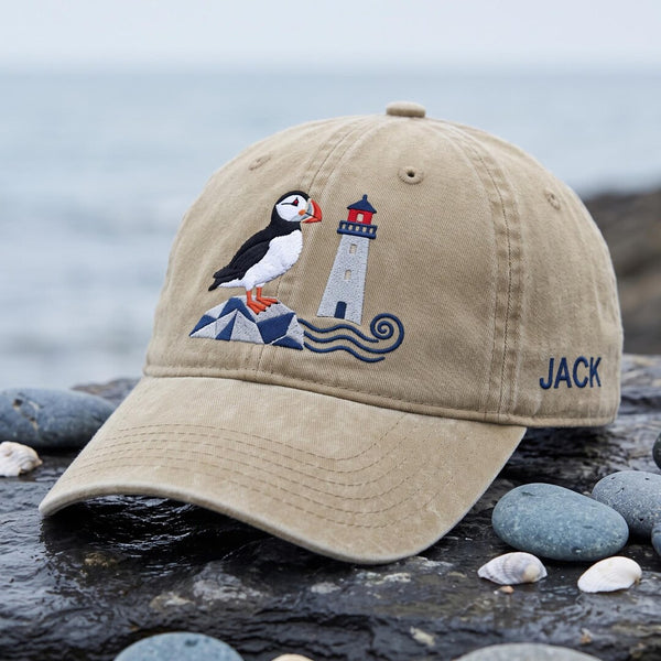 Personalized Puffin Lighthouse Ocean Waves Coastal Custom Name Embroidered Hat — Washed Hat