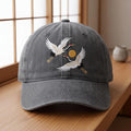 Japanese Red Crowned Cranes Flying Sun Washed Embroidered Hat — Washed Hat