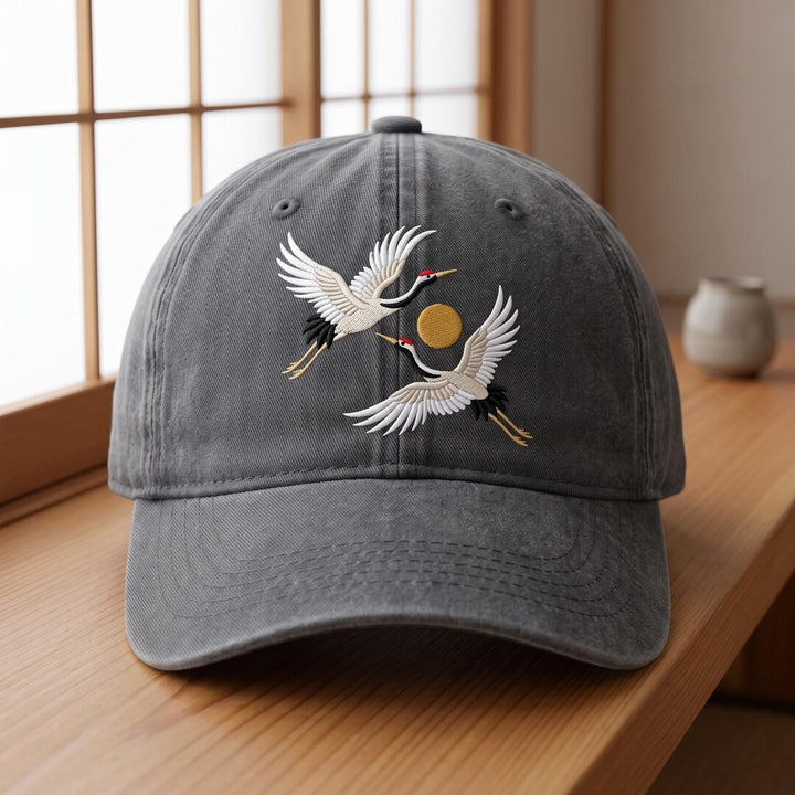 Japanese Red Crowned Cranes Flying Sun Washed Embroidered Hat — Washed Hat