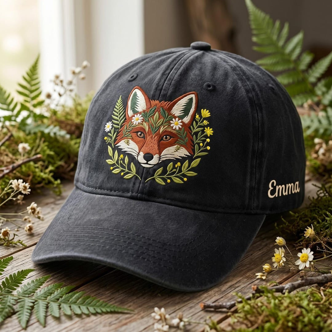 Personalized Floral Fox Botanical Wildflower Woodland Custom Name Embroidered Hat — Washed Hat