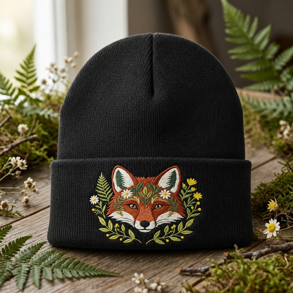 Personalized Floral Fox Botanical Wildflower Woodland Custom Name Embroidered Beanie