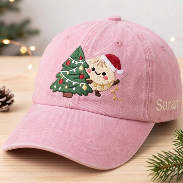 Personalized Christmas Dumpling Decorating Tree Santa Hat Custom Name Embroidered Hat — Washed Hat